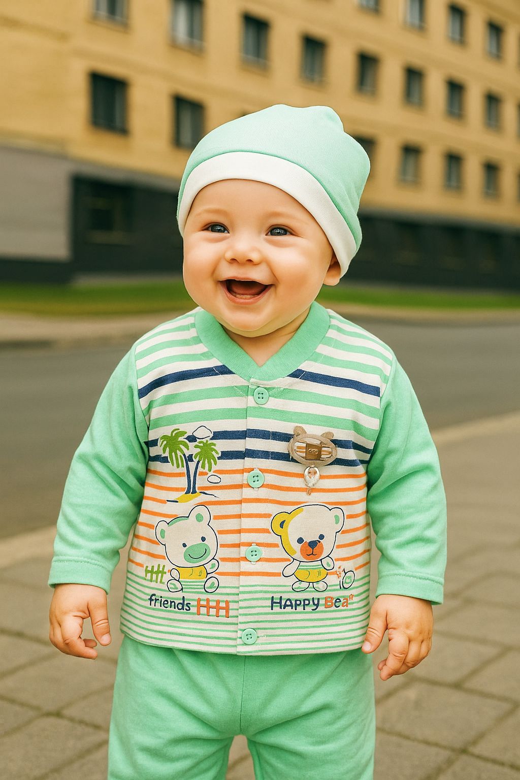 Baby Boys’ Cartoon Bear Printed Outfit With Matching Cap