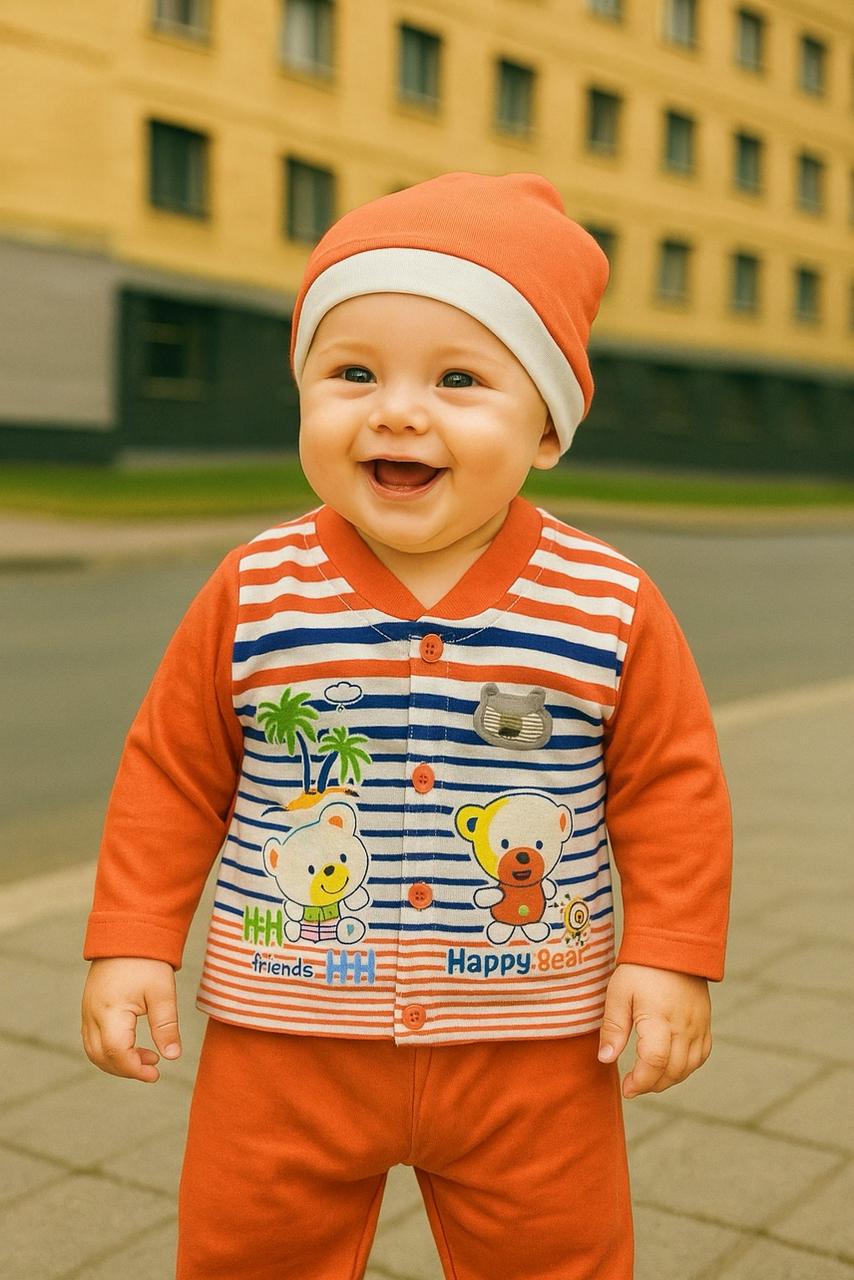 Baby Boys’ Cartoon Bear Printed Outfit With Matching Cap