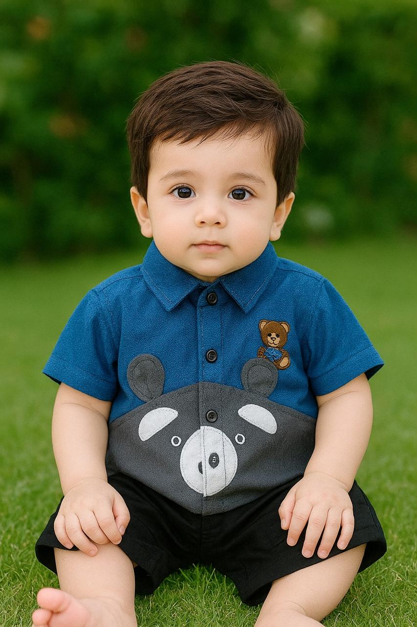 Baby Boy Outfit – Bear Design Shirt & Shorts Set | Soft & Comfortable Infant Wear