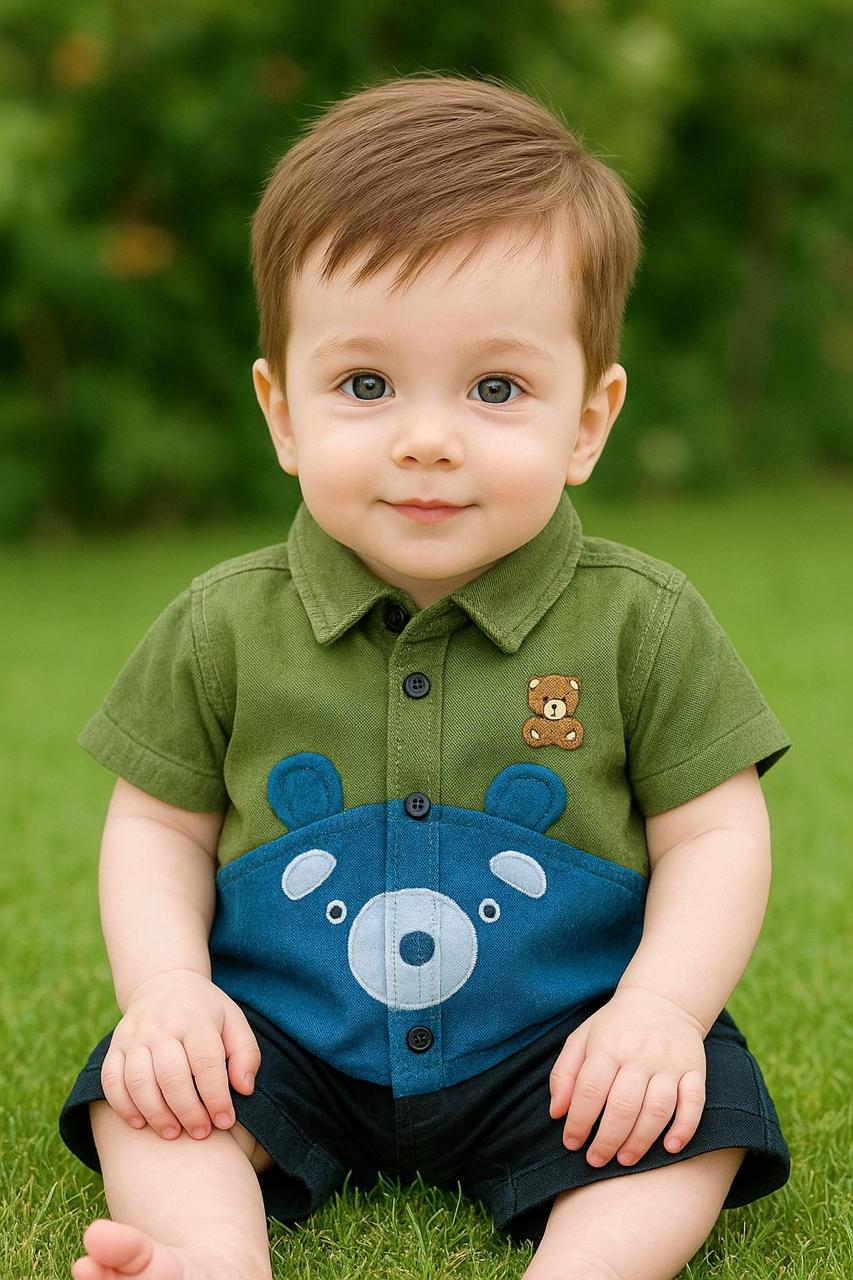 Baby Boy Outfit – Bear Design Shirt & Shorts Set | Soft & Comfortable Infant Wear