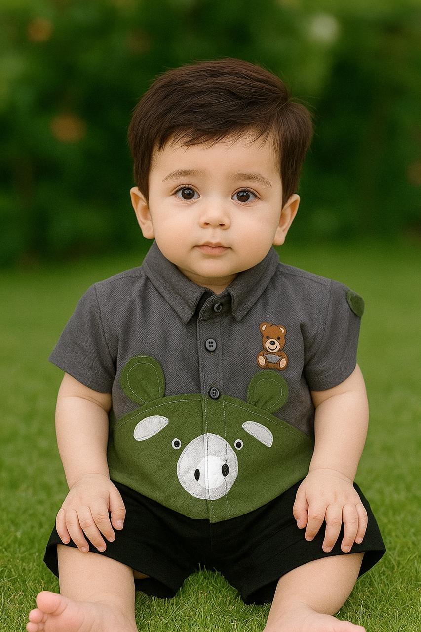 Baby Boy Outfit – Bear Design Shirt & Shorts Set | Soft & Comfortable Infant Wear