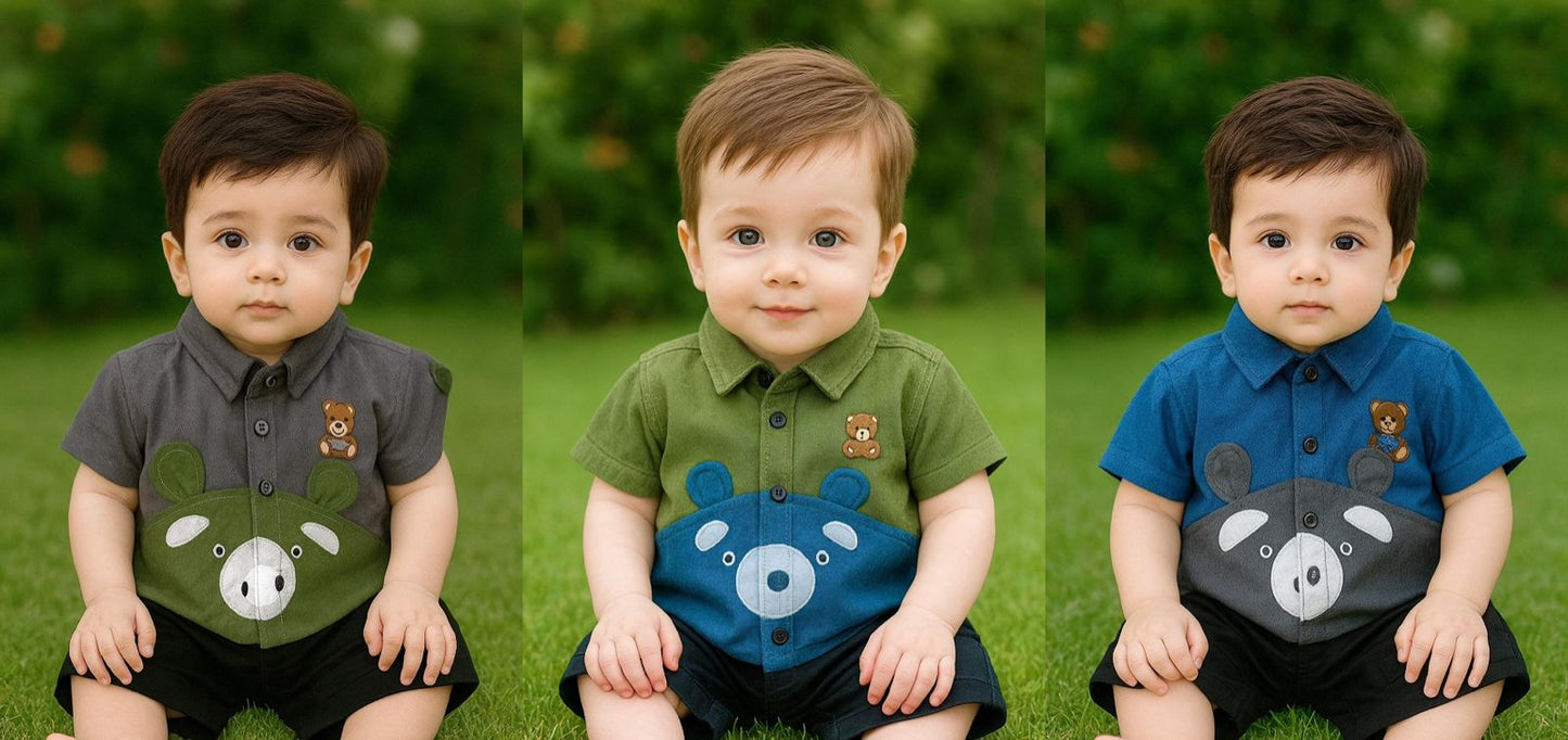 Baby Boy Outfit – Bear Design Shirt & Shorts Set | Soft & Comfortable Infant Wear