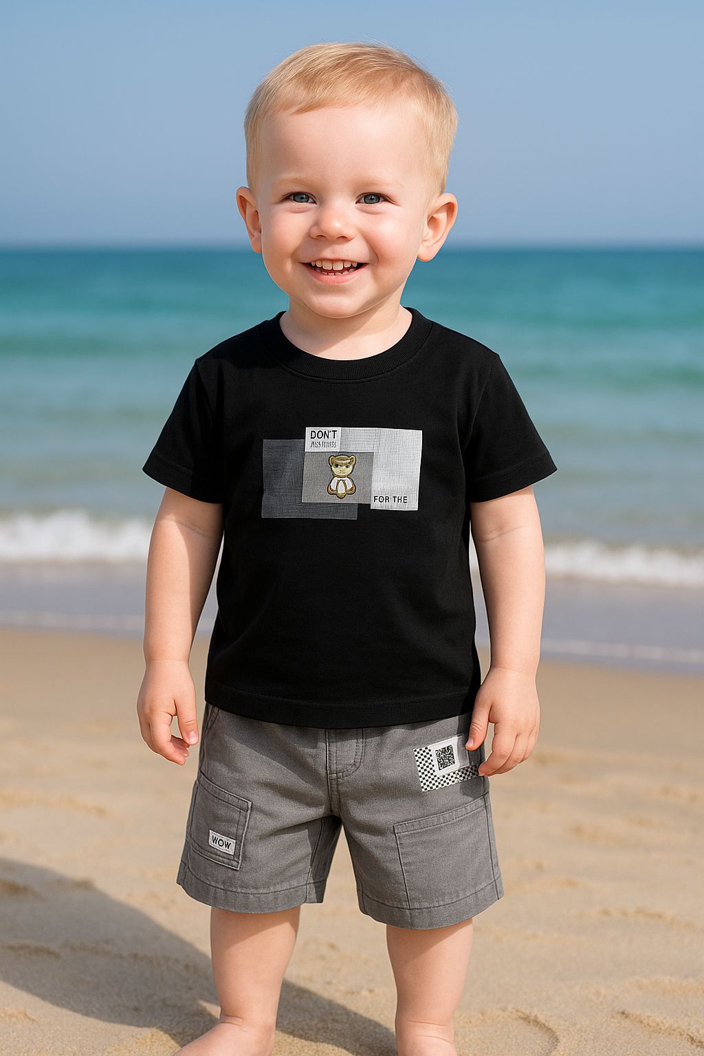 Toddler Boys’ Outfit – Bear Graphic T-Shirt & Grey Cargo Shorts Set