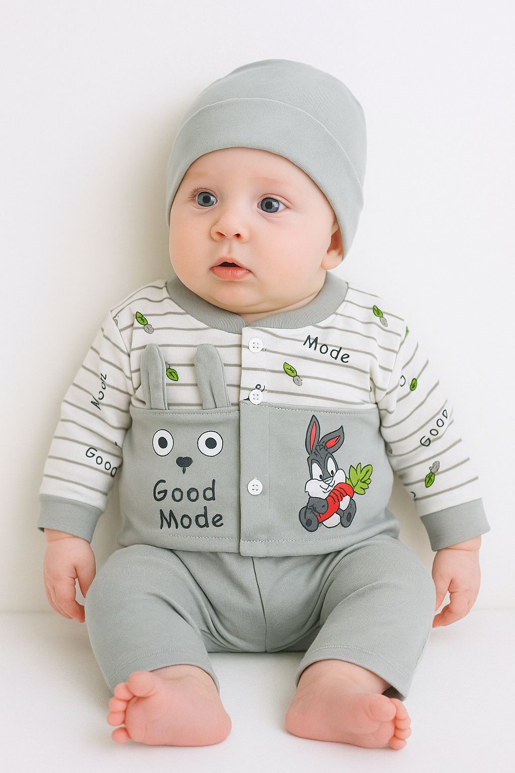 3-Piece Baby Outfit Set – Soft Dress with Cap (0-3 Months)