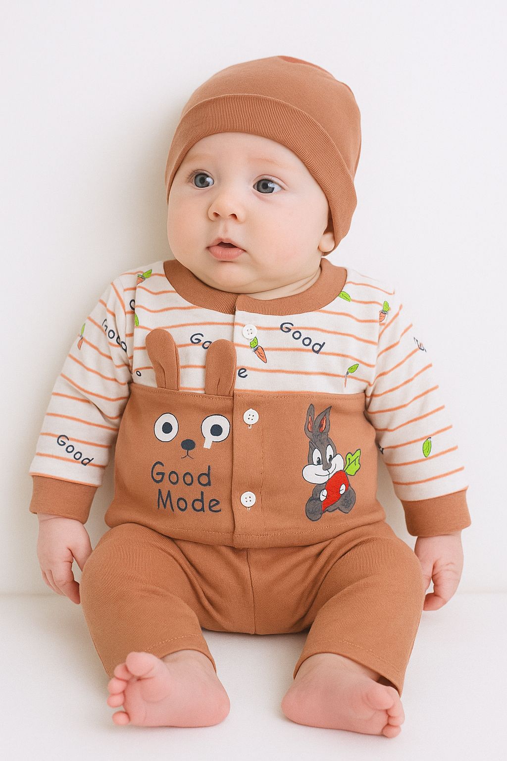 3-Piece Baby Outfit Set – Soft Dress with Cap (0-3 Months)