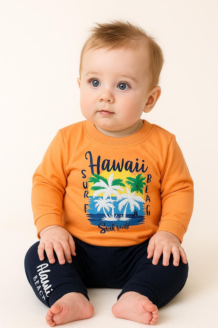 Hawaii Beach Baby Outfit – Yellow, Blue, Orange Tropical Sweatshirt & Navy Pants (3-12 Months)