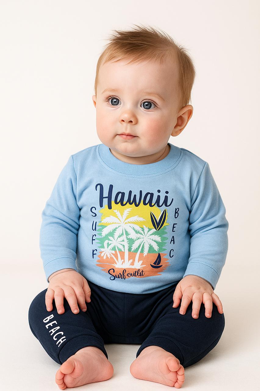 Hawaii Beach Baby Outfit – Yellow, Blue, Orange Tropical Sweatshirt & Navy Pants (3-12 Months)