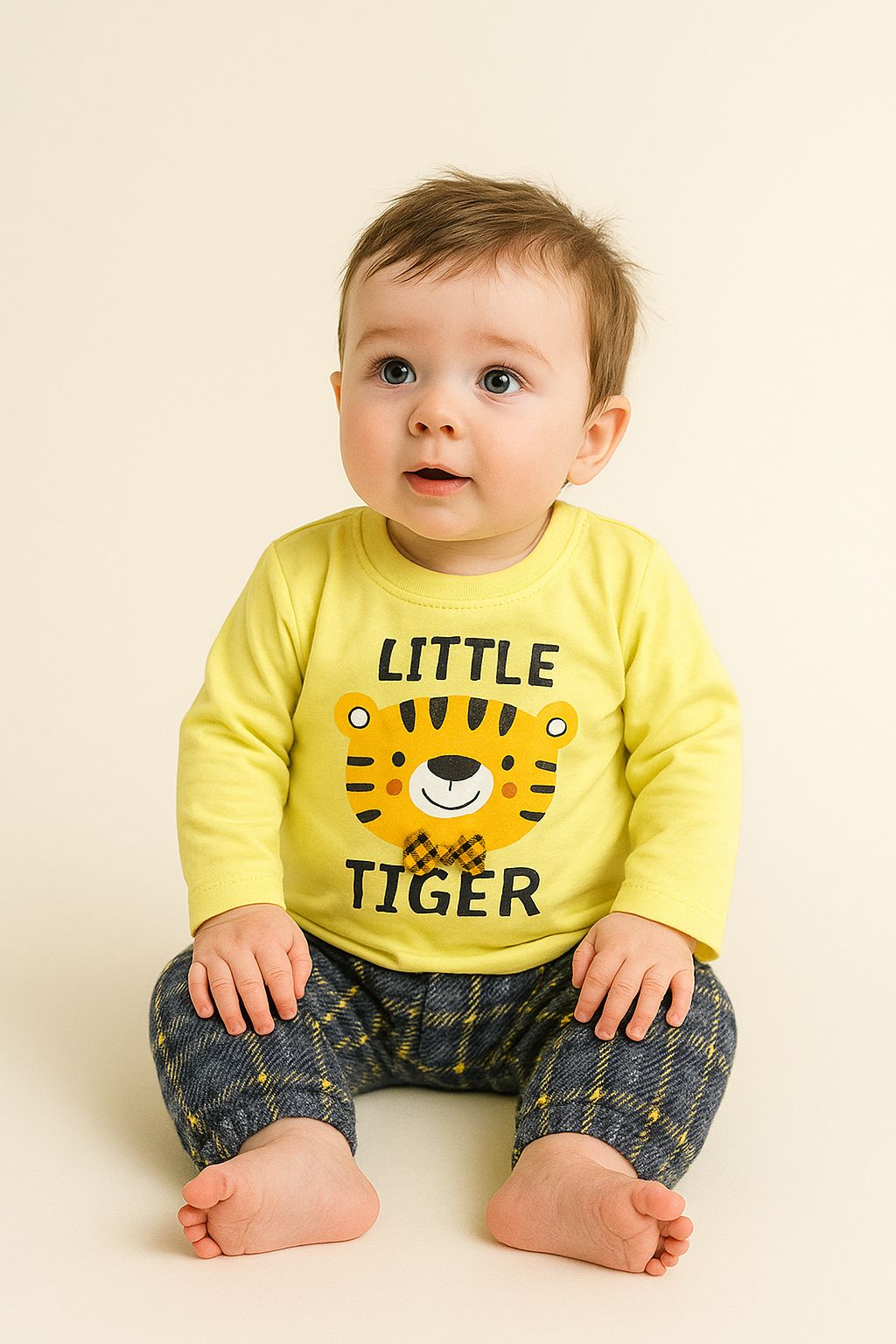 Little Tiger 2-Piece Baby Outfit – Soft Peach Shirt & Plaid Pants (3-12 Months)