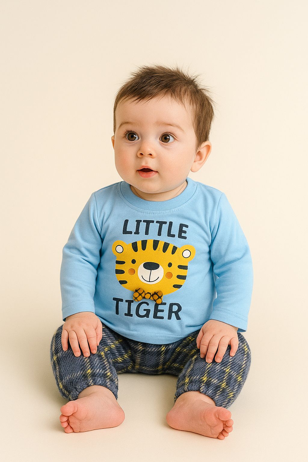Little Tiger 2-Piece Baby Outfit – Soft Peach Shirt & Plaid Pants (3-12 Months)