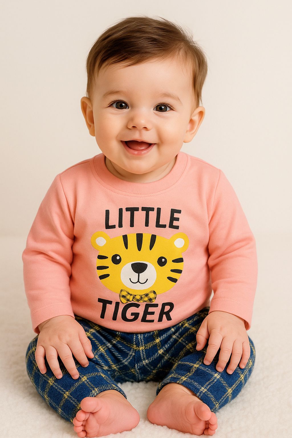 Little Tiger 2-Piece Baby Outfit – Soft Peach Shirt & Plaid Pants (3-12 Months)