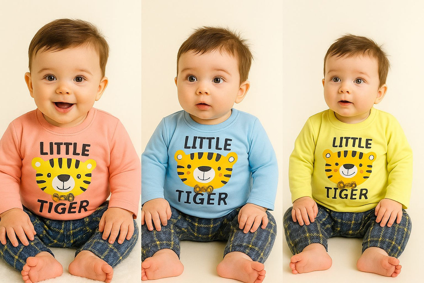 Little Tiger 2-Piece Baby Outfit – Soft Peach Shirt & Plaid Pants (3-12 Months)