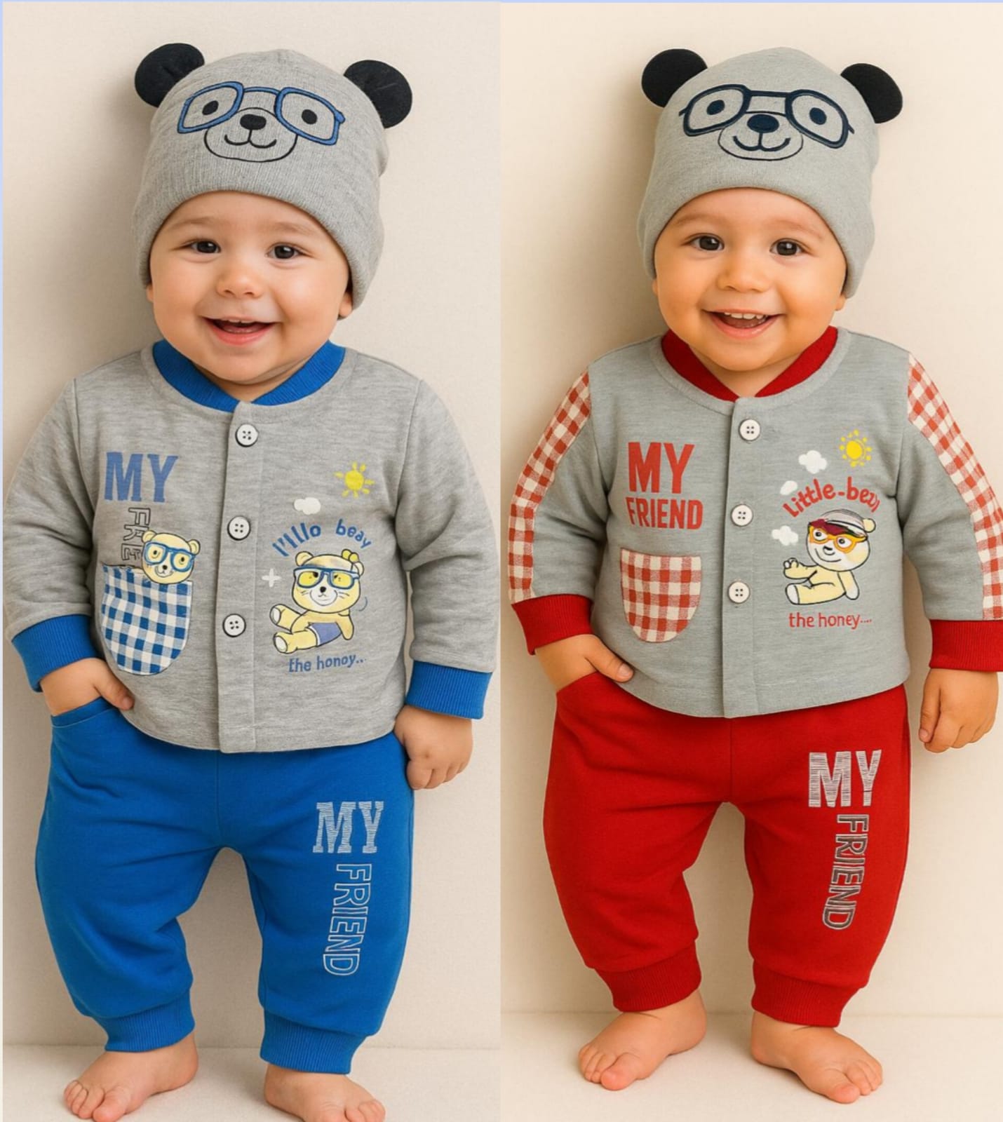 My Friend Baby Set – Cozy Blue & Red Outfit (0–3M)
