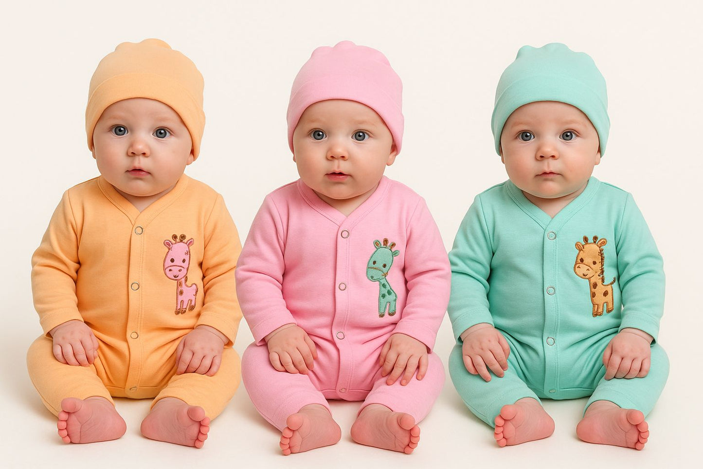 Baby 3-in-1 Newborn Outfit Set – Giraffe Embroidered Bodysuit & Beanie (orange, Pink, Mint green)