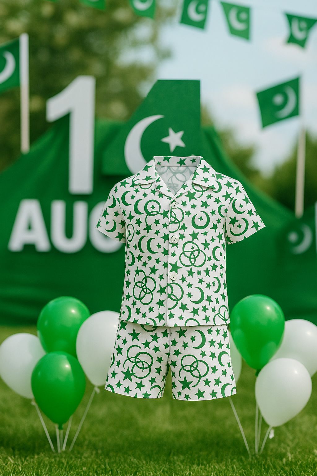 14 August Boys Suit β Green & White Moon-Star Print | "Pakistan Independence Day Outfit"