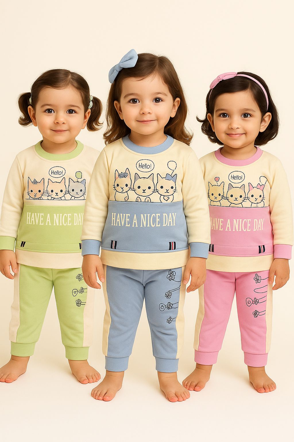 Adorable 3 Cats Printed Outfit Set for Girls