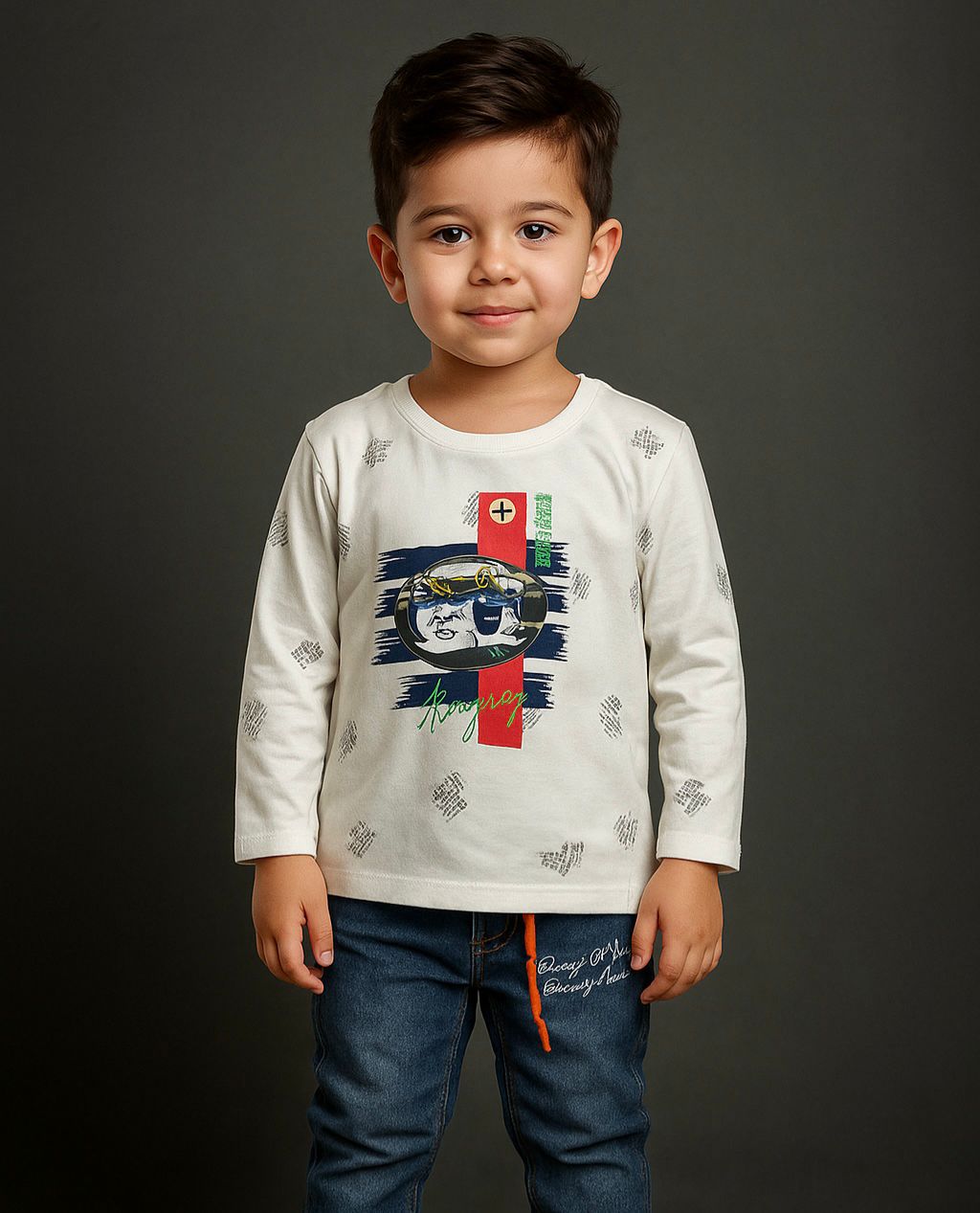 Trendy Baby Boy Outfit – Printed Full Sleeve Shirt & Denim Jeans Set