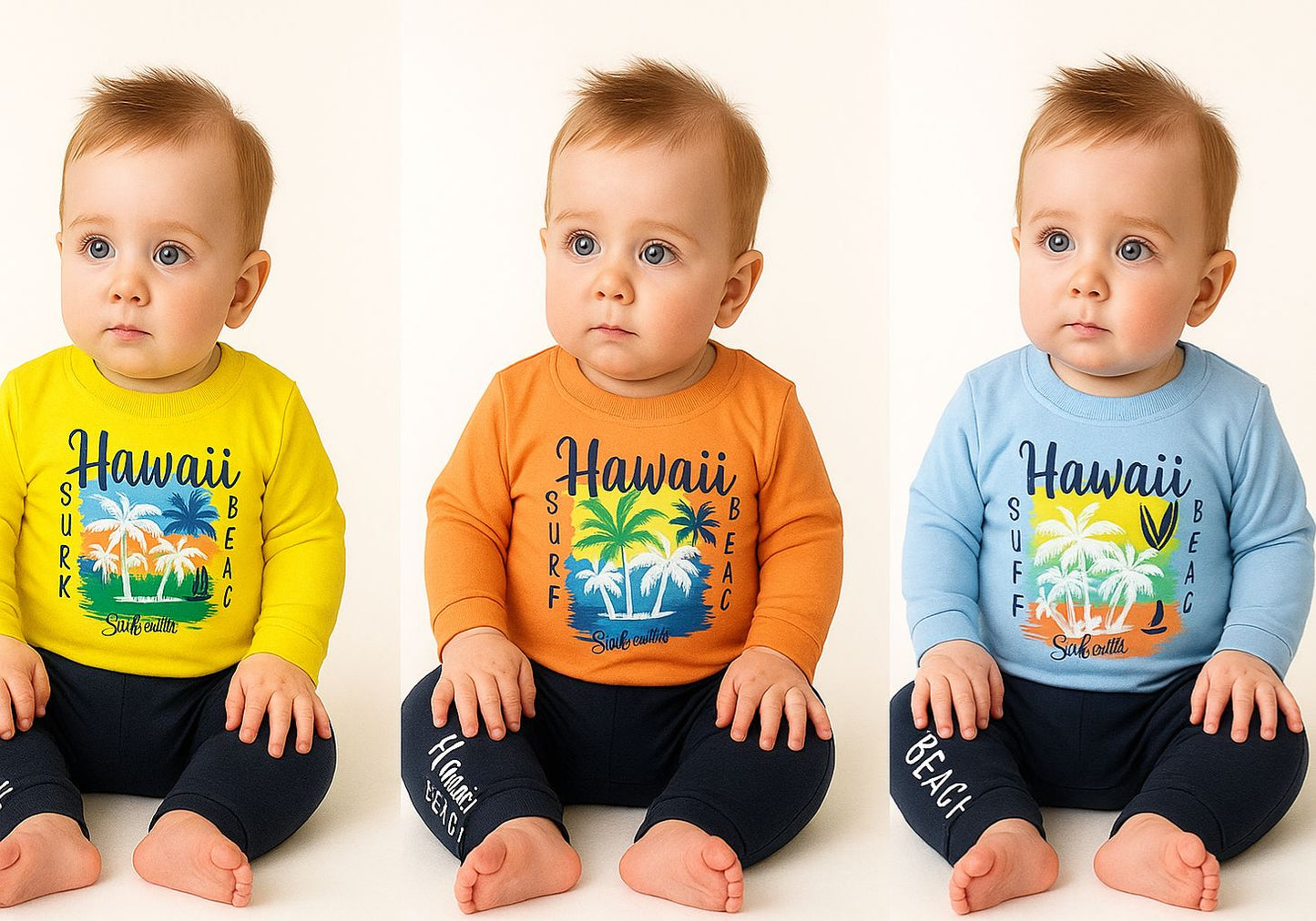 Hawaii Beach Baby Outfit – Yellow, Blue, Orange Tropical Sweatshirt & Navy Pants (3-12 Months)