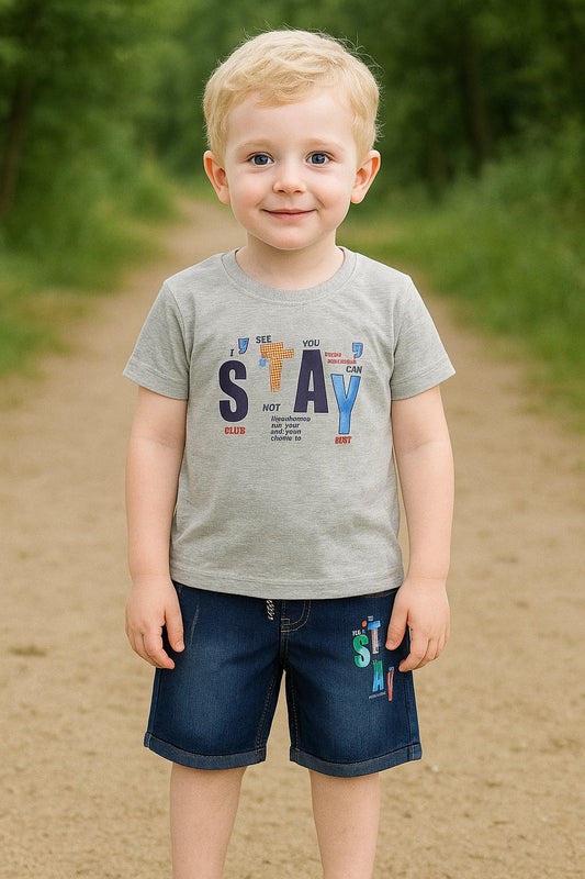 Stay Cool Graphic Tee & Denim Shorts Set for Boys