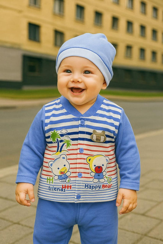 Baby Boys’ Cartoon Bear Printed Outfit With Matching Cap