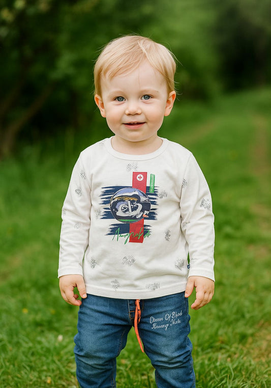 Trendy Baby Boy Outfit – Printed Full Sleeve Shirt & Denim Jeans Set