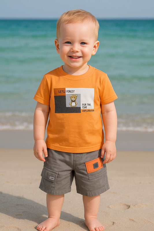 Toddler Boys’ Outfit – Bear Graphic T-Shirt & Grey Cargo Shorts Set