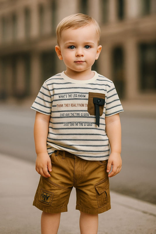 Star Kids™ Striped Cotton T-Shirt & Cargo Shorts Set – Stylish Summer Outfit for Boys (1–5 Years)