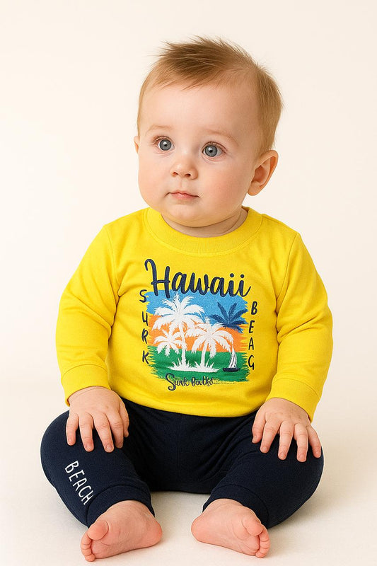 Hawaii Beach Baby Outfit – Yellow, Blue, Orange Tropical Sweatshirt & Navy Pants (3-12 Months)