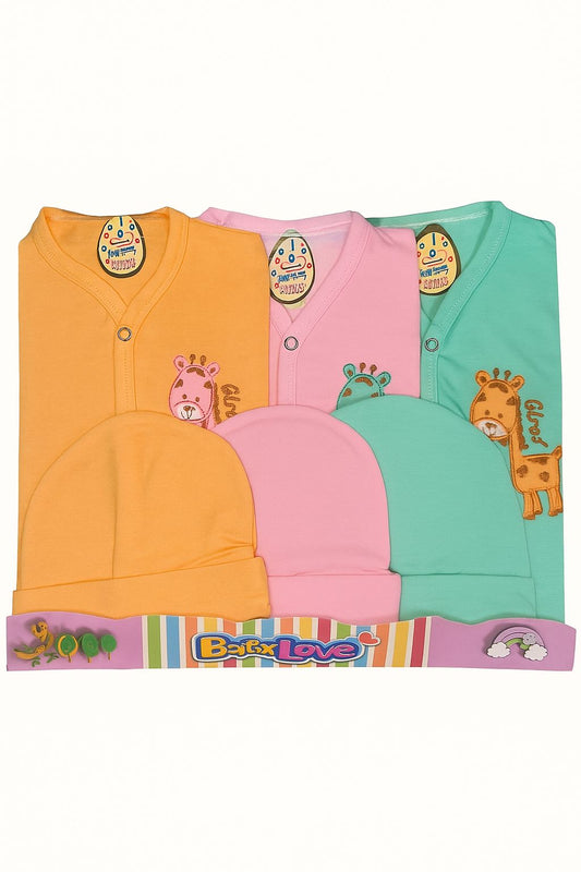 Baby 3-in-1 Newborn Outfit Set – Giraffe Embroidered Bodysuit & Beanie (orange, Pink, Mint green)