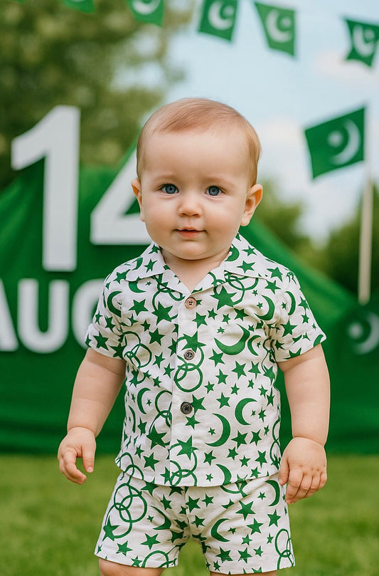 14 August Boys Suit – Green & White Moon-Star Print | "Pakistan Independence Day Outfit"