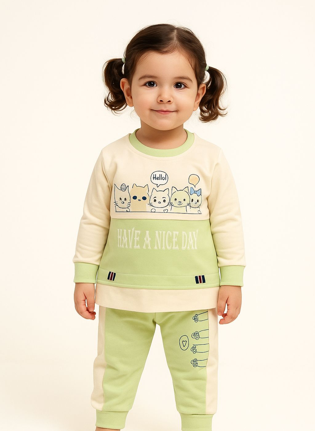 Adorable 3 Cats Printed Outfit Set for Girls