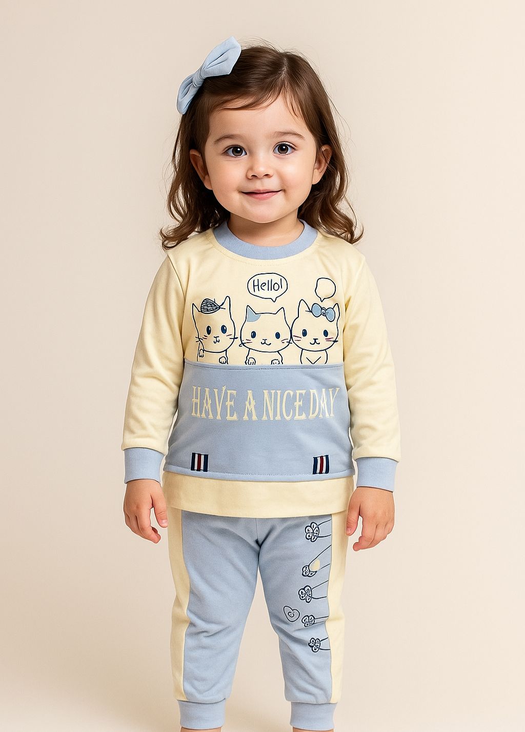 Adorable 3 Cats Printed Outfit Set for Girls