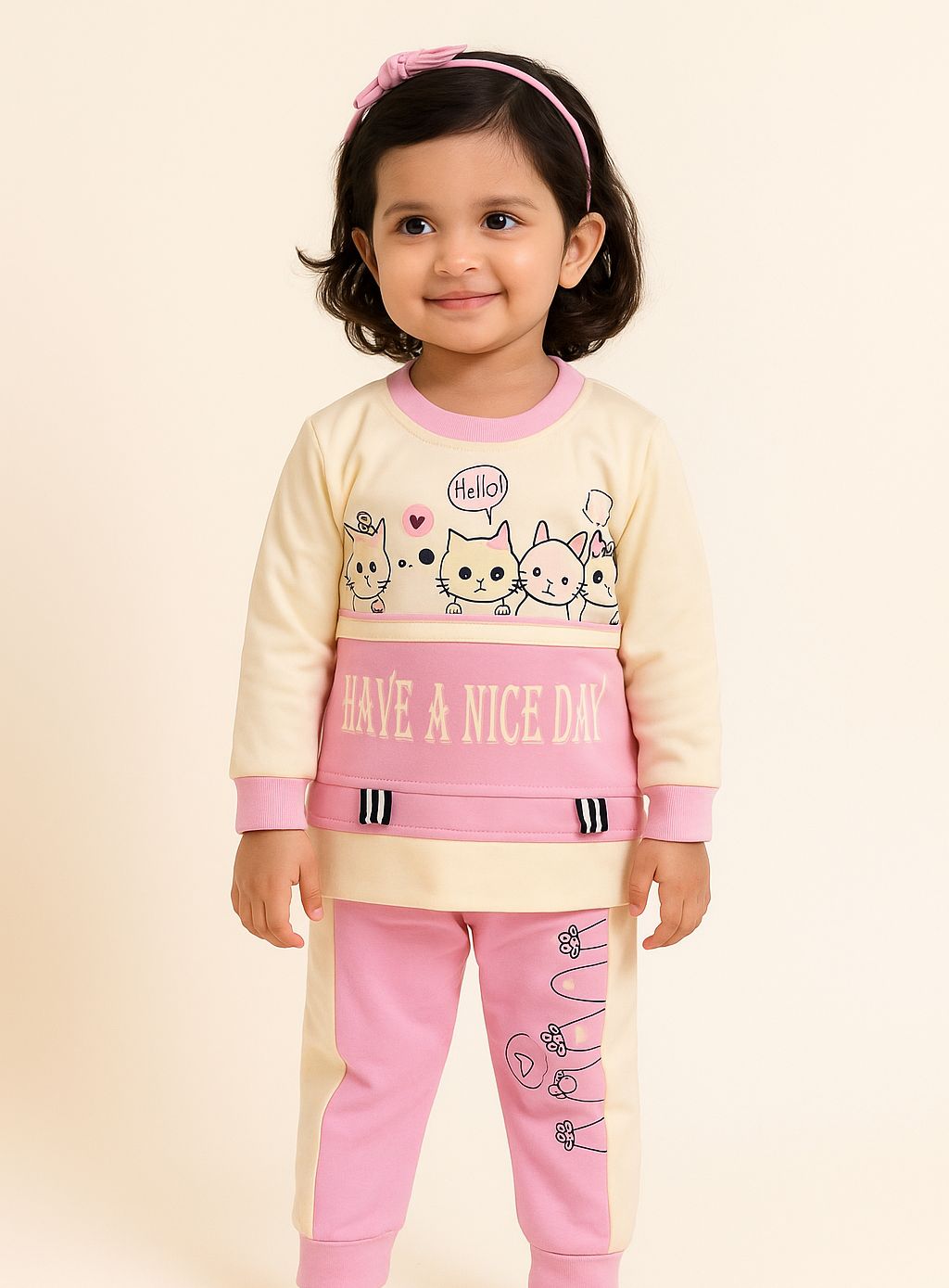 Adorable 3 Cats Printed Outfit Set for Girls